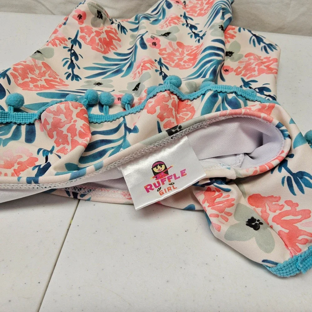 Ruffle Girl One Piece Swimsuit Kids XXL Cream Pink‎ Floral Pom Pom One Shoulder
